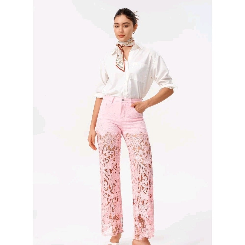Bayeas Jeans NWT Pink High Rise Wide Leg Lace Embellished Womens 26